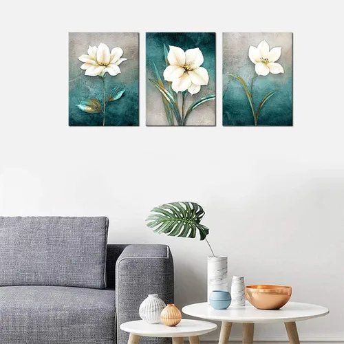 Vista 2 de Lienzo decorativo para pared, diseño floral blanco crema, fondo turquesa, fondo gris azulado, cuadro de arte moderno rústico, baño, dormitorio, sala