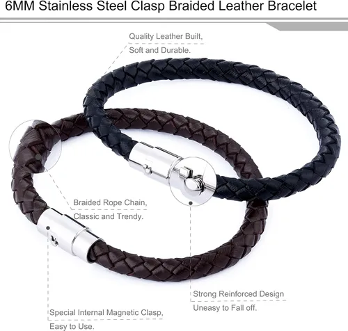 Vista 3 de FIBO STEEL 2-3 pulseras de cuero trenzado de acero inoxidable para hombres y mujeres, pulsera de muñeca de 7.5-8.5 pulgadas, Cuero, Circonita cúbica