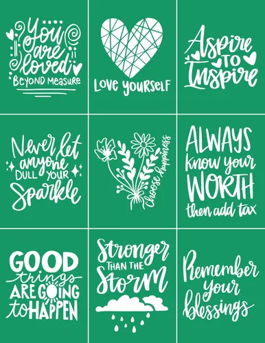 Vista 14 de DGAGA 17 Piezas Plantillas Inspiradoras de Serigrafía con Pasta de Tiza, Plantillas Adhesivas Motivacionales Reutilizables de Transferencias