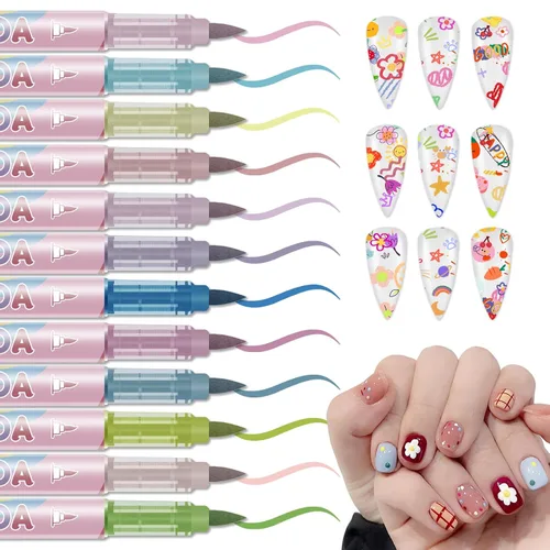 Vista 23 de IONSGAKO Juego de bolígrafos de arte de uñas de 12 colores, bolígrafos de esmalte de uñas, bolígrafo de dibujo de arte de uñas, secado rápido
