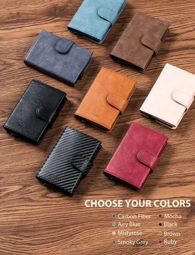 Vista 6 de Tarjetero de cuero para tarjetas de crédito, billetera desplegable automática minimalista delgada con bloqueo RFID para hombre y mujer