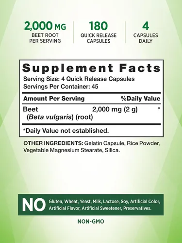 Vista 2 de Nature's Truth Cápsulas de raíz de remolacha 2,000 mg 180 unidades Suplemento sin OMG y sin gluten