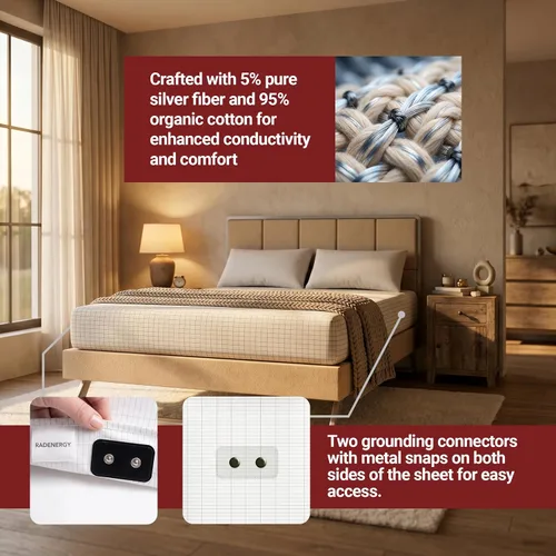 Vista 6 de Sábana de cama, sábana de tierra, sábana bajera ajustable de algodón orgánico para cama, 95% algodón orgánico, 5% fibra plateada con cable