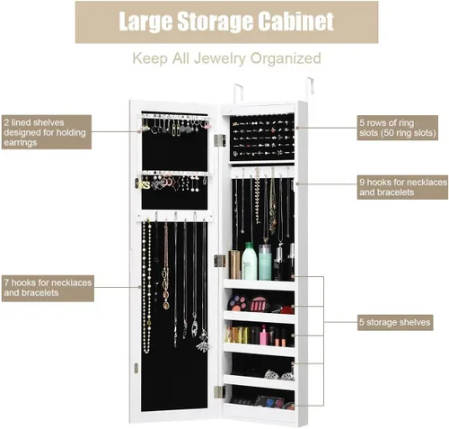 Vista 2 de Byroce Jewelry Armoire - Armario de pared para puerta, organizador de joyas con cerradura con espejo de longitud completa y 12 luces LED, armarios