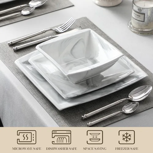 Vista 4 de MALACASA Juego de platos y cuencos, juego de vajilla de porcelana de 12 piezas para 4, platos cuadrados y cuencos para postre, ensalada y sopa