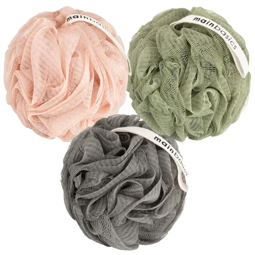 Vista 12 de MainBasics Esponja de esponja para baño y ducha, esponja para el cuerpo, exfoliante corporal (juego de 3, flor aireada) Esponja corporal de malla