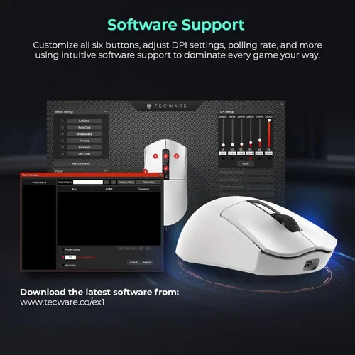 Vista 11 de TECWARE EX1 - Mouse ligero para juegos Mouse inalámbrico de 26 K DPI con pantalla OLED Diseño ultraligero de 2.08 oz Base de carga RGB Blanco