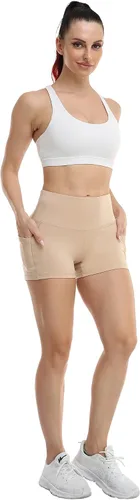 Vista 3 de CHRLEISURE Spandex Yoga Shorts with Pockets for Women, High Waisted Workout Booty Shorts 3in