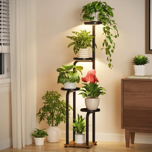 Vista 20 de LASZOLA Soporte para plantas de 5 niveles alto de madera y metal para interiores para macetas de servicio pesado, estante vertical grande