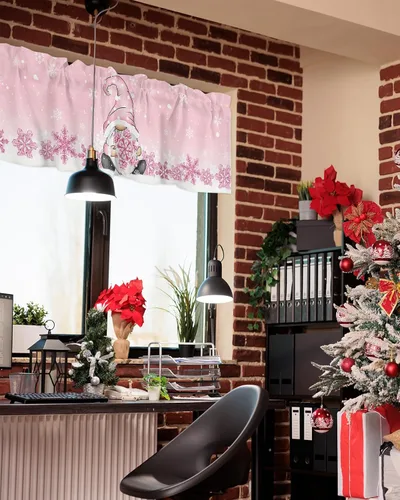 Vista 86 de Cenefa de cortina con lazo rojo de Navidad para ventanas, sala de estar, cocina, baño, granja, bolas de Navidad de acuarela con diseño de bayas