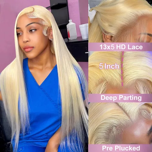 Vista 2 de Myecool Peluca de cabello humano con encaje frontal 613 de 26 pulgadas, 13 x 5, lacio, 613 HD, encaje frontal, cabello humano prearrancado, nudos