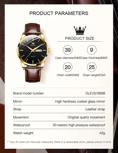 Vista 6 de OLEVS Reloj para hombres cronógrafo marrón cuero oro caso analógico cuarzo moda negocios vestido grande hombres reloj día fecha luminoso impermeable