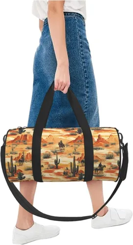 Vista 5 de Large Duffle Bag for Travel - Retro Western Cowboy (A) Print Gym Bag for Women Men, Travel Foldable Bags for Women Men with Zippered Multiple Pockets