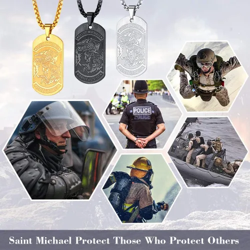 Vista 4 de FaithHeart Collar de San Miguel para hombres y mujeres, acero inoxidable chapado en oro, amuleto de medalla de San Miguel Arcángel, regalo