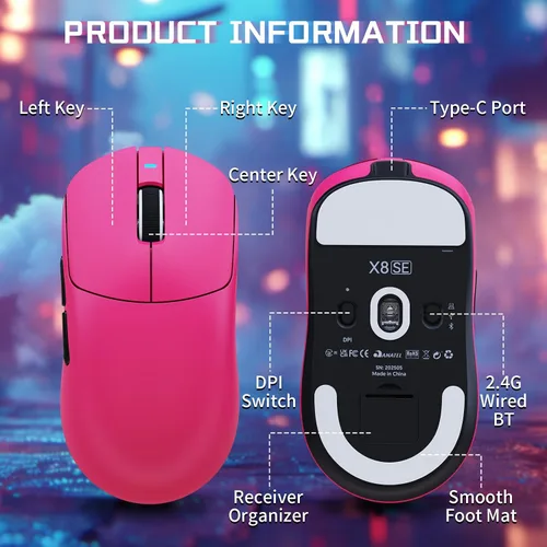 Vista 9 de ATTACK SHARK X8SE - Mouse inalámbrico para juegos, sensor óptico ajustable de 25 K DPI PAW3311, ergonómico de 2.08 oz ligero, triple modo