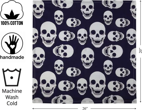 Vista 3 de Servilletas de tela 100% algodón con estampado de calavera, azul y blanco, 20 x 20 pulgadas, servilletas decorativas de cocina y mesa de Halloween