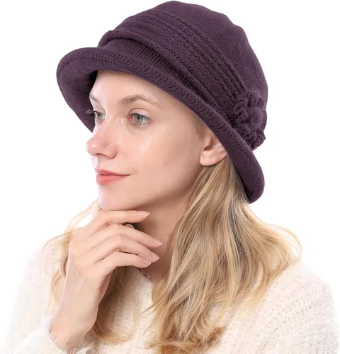 Vista 65 de C-US - Gorro de punto cálido para mujer, con visera de ganchillo con acento de flores