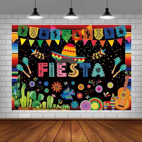 Vista 4 de Sendy Fondo temático de fiesta mexicana de 7 x 5 pies, decoración de fiesta de cumpleaños, carnaval mexicano, banderas coloridas, pancartas