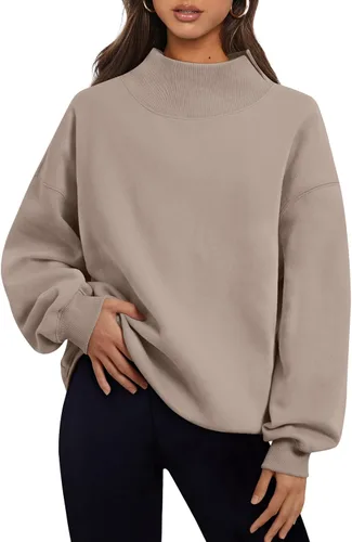Vista 37 de Trendy Queen Sudaderas de cuello alto para mujer, de gran tamaño, trajes de Albaricoque