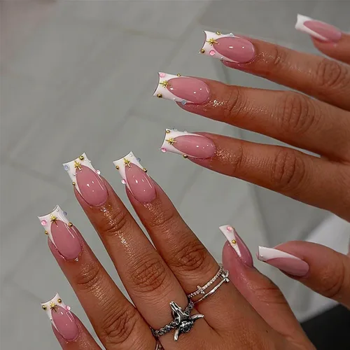Vista 15 de IMSOHOT Uñas postizas, acrílicas de color naranja mate, puntas francesas cuadradas, 24 unidades, uñas extra largas con pegamento con bonitos diseños