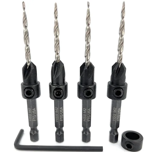 Vista 20 de FTG USA Juego de 3 brocas avellanadoras ajustables para madera #4 (7/64 pulgadas) con broca cónica para carpintería