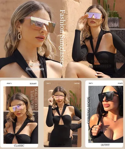 Vista 3 de Dollger - Lentes de sol cuadrados extragrandes para mujer y hombre, de moda, armazón negro con parte superior plana