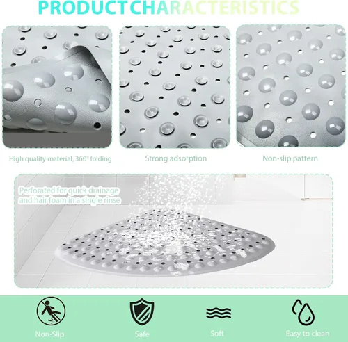 Vista 3 de MUNEK Tapete de ducha esquinero antideslizante, 21 x 21 pulgadas, curvado para ducha o bañera, tapete de seguridad con orificio de drenaje, tapete
