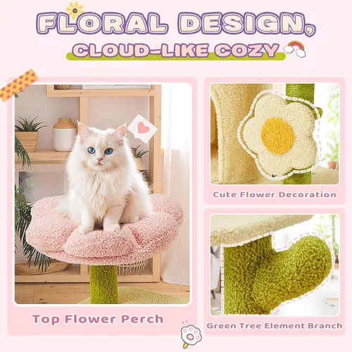 Vista 3 de Erinnyees Árbol de flores para gatos, torre para gatos de 38.2 pulgadas, torre de árbol de gatito de varios niveles para interiores, casa de gatitos
