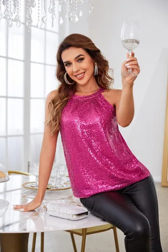 Vista 3 de GRACE KARIN Camisetas halter de lentejuelas para mujer, sin mangas, brillantes, fruncidas, fluidas, brillantes, para club, camisa de fiesta
