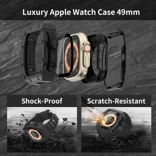 Vista 2 de Estuche de Lujo para Apple Watch Ultra 3/2/1 49mm Banda FKM, Cubierta de Metal con Parachoques Resistente + Vidrio Incorporado + Correa