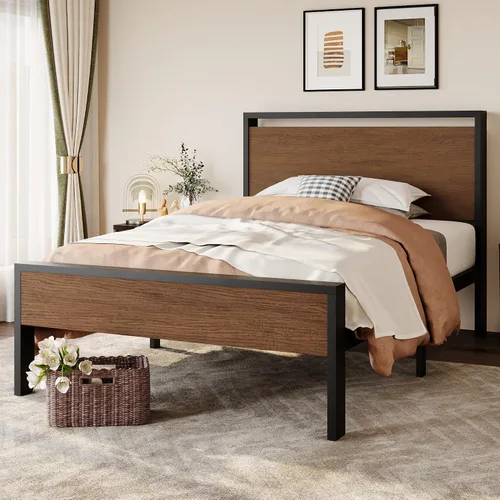 Vista 13 de SHA CERLIN Base de cama de plataforma metálica de tamaño individual de 14 pulgadas con cabecera y estribo de madera, base de colchón, no necesita