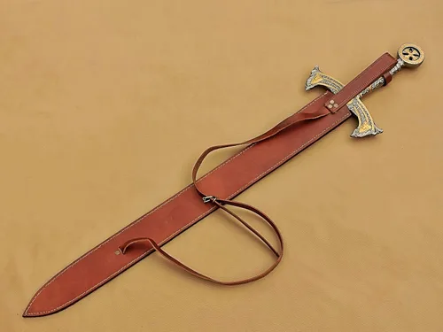 Vista 6 de Espada Templaria medieval hecha a mano, espada larga de Damasco sagrada con funda de cuero