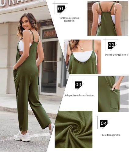 Vista 2 de Ekouaer Overol sin mangas para mujer, overol casual de verano 2-Verde Armada (ArmyGreen)