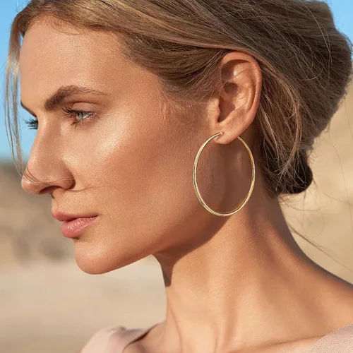 Vista 3 de Aretes de aro de oro para mujer chapados en oro real de 14 quilates con poste de plata de ley 925 Dorado