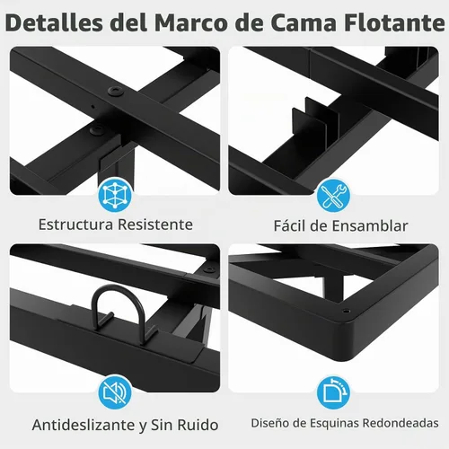 Vista 8 de Base de cama flotante de tamaño individual con luces LED y estación de carga, cama moderna de plataforma de metal, resistente, fácil montaje,
