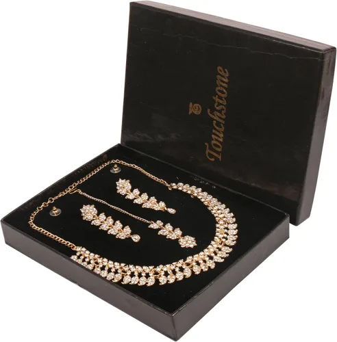 Vista 6 de Touchstone Conjunto de joyas indias para mujer, collar de boda, collar de oro, gargantilla de bollywood, aretes de diamantes de imitación, disfraz