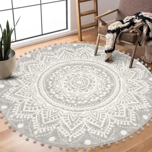 Vista 15 de Uphome Alfombra Redonda Pequeña de 2' Boho Beige y Gris Alfombra de Baño con Pompones y Flecos Lavable Mandala Círculo Tapete de Ducha Suave Mandala