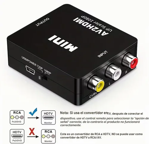 Vista 4 de Convertidor RCA a HDMI, AV a HDMI, 1080P Mini RCA Compuesto Video Audio Adaptador Convertidor Compatible con TV/PC/PS3/Xbox VHS/VCR/Blue-Ray