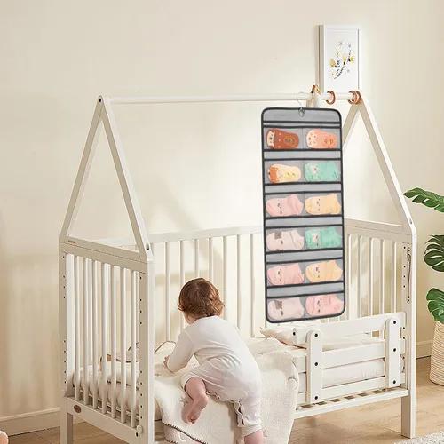 Vista 6 de Organizador de zapatos de bebé colgante de doble cara para armario, soporte de almacenamiento de zapatos para niños pequeños, calcetines con lazo