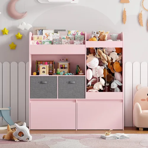 Vista 7 de Soporte para animales de peluche, estantería para niños con tapete de juego, almacenamiento de juguetes de madera con 2 cajones móviles y estantería