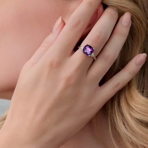 Vista 3 de Gem Stone King Anillo de compromiso de plata de ley 925 con amatista morada para mujer