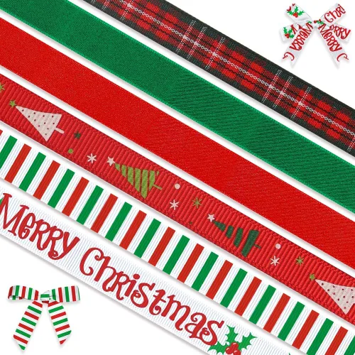 Vista 7 de Threetols 6 rollos de 30 yardas de cinta de Navidad de 3/8 pulgadas, cintas de grogrén con purpurina de Navidad de búfalo verde y rojo, cintas