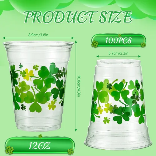 Vista 2 de 100 tazas de plástico transparente desechables de 12 onzas para el Día de San Patricio, vasos de plástico transparente desechables para días