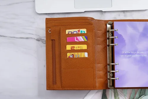 Vista 3 de Moterm Planificador de anillos de lujo para todo el personal – Organizador de carpeta de cuero genuino (naranja quemado, anillo de 1.181 in)