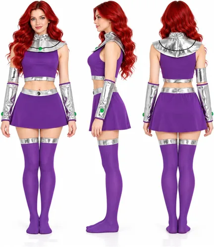 Vista 2 de Disfraz de Starfire para mujer, disfraz de Halloween para niñas, traje de superhéroe Koriandr, vestido superior, guantes, accesorios Morado
