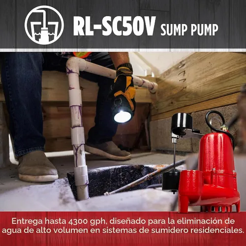 Vista 5 de Red Lion RL-SC50V 14942747 Bomba de sumidero de hierro fundido de 115 voltios, 1/2 HP, 4300 GPH con interruptor vertical, cable de 10 pies, rojo