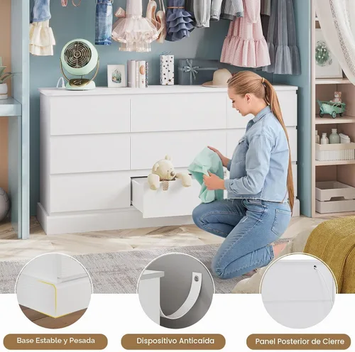 Vista 7 de Hasuit Cómoda Blanca Moderna para Dormitorio con 9 Cajones, Cómodas de 61.4" de Ancho Cajonera con Almacenamiento de Gran Capacidad, Cómoda Larga