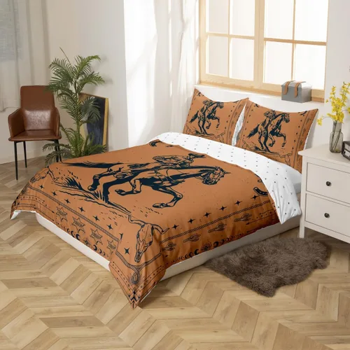 Vista 2 de Manfei Juego de funda de edredón de vaquero occidental, tamaño individual, juego de ropa de cama con estampado de herradura de calavera de toro