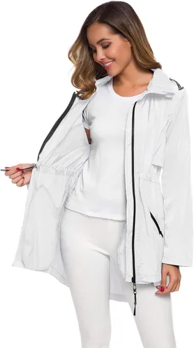 Vista 3 de Avoogue Impermeable largo para mujer con capucha para exteriores, ligera, rompevientos impermeable
