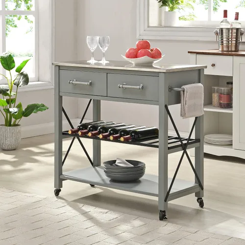 Vista 9 de FirsTime & Co. Carrito de cocina Aurora blanco y marrón, barra de café y soporte para microondas, isla sobre ruedas con almacenamiento, madera